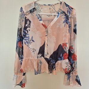 Guess Women's Pink Feminine Boho Floral Chiffon Peplum Blouse Size S